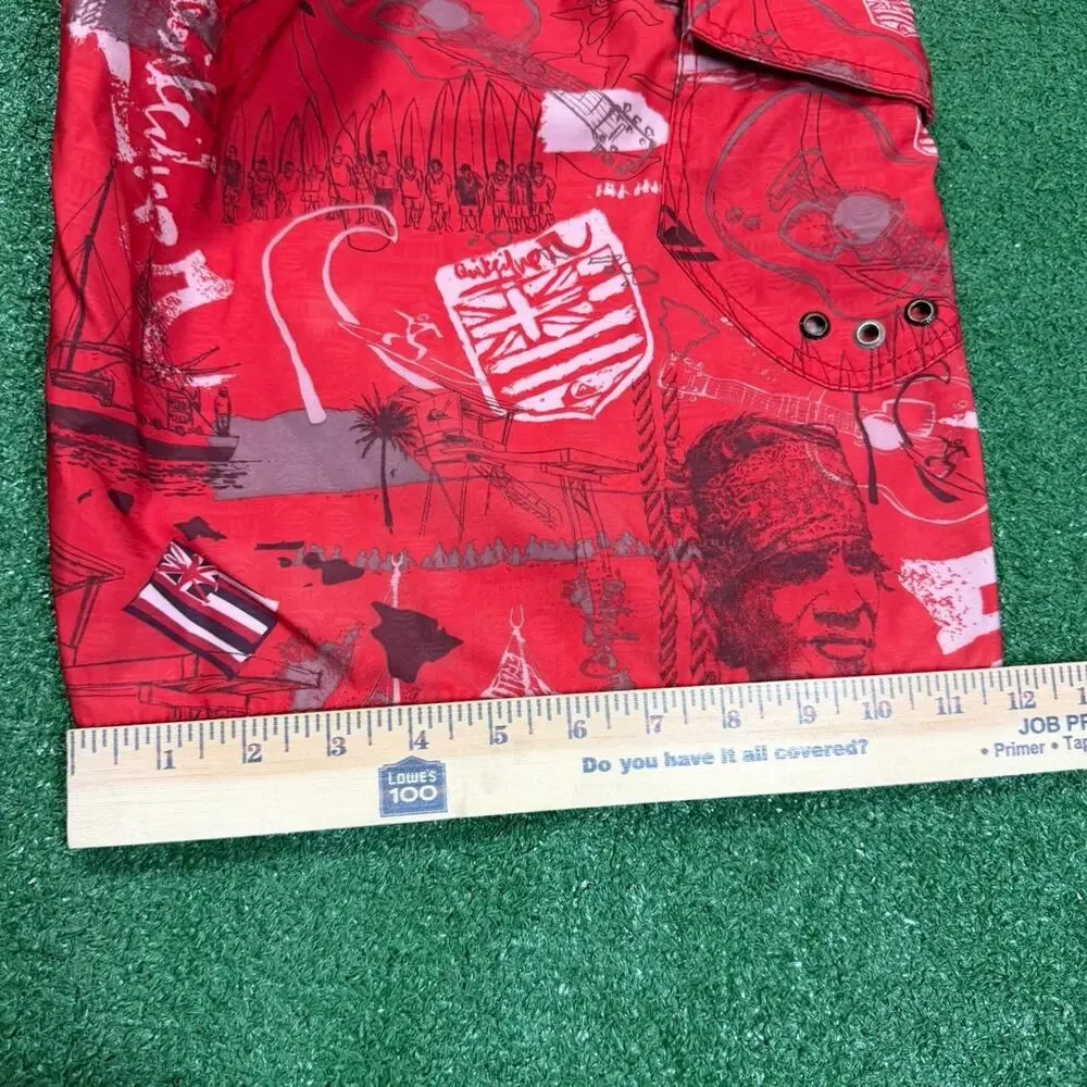 Quiksilver Eddie Aikau Board Shorts Red AOP Y2K Surf Swim Trunks Men’s 32